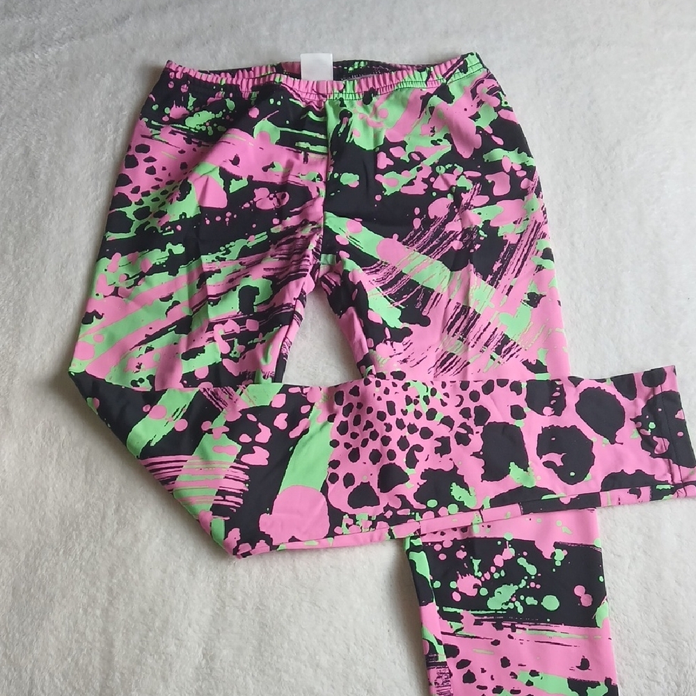 Girls Neon Pink & Lime Green Splash Print Leggings